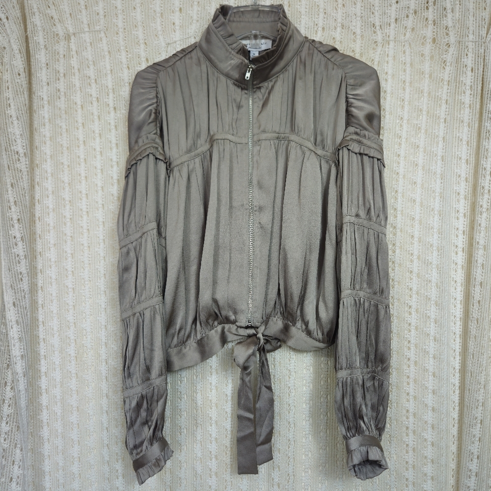 Current Air Gray Silver Sheen Satin Tiered Cropped Bomber Jacket Size Medium